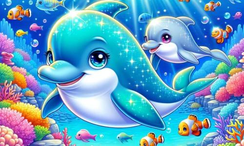 Un delfin mic și fericit numit Doru, cu o piele albastră deschisă strălucitoare și ochi sclipitori, înoată cu entuziasm într-o apă cristalină, cu aripile întinse grațios. Lângă el, mama sa, o delfină blândă și protectoare, cu un zâmbet călduros și o piele argintie, îl observă cu mândrie, plutind ușor înapoi. Fundalul este o stațiune subacvatică splendidă, plină de corali colorați în nuanțe vii de roz, portocaliu și violet, în timp ce bancuri de pești multicolori dansează în jurul lor, creând o atmosferă veselă și plină de viață. Doru și mama sa explorează împreună un loc secret, unde razele soarelui filtrează prin apă, iluminând peisajul marin cu o lumină aurie, iar Doru se pregătește să se avânte spre un grup de pești clovni care îl invită să se joace.