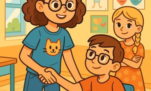 A 12-year-old girl, Ella, stands center stage with curly brown hair and round glasses that give her an intelligent look. Her face shows bright determination, with a confident smile and sparkling eyes. She wears a blue t-shirt with a cat pattern and jeans, reaching out to a 12-year-old boy, Leo, who is sitting at a table. Leo has short brown hair and glasses, displaying a shy but happy smile, surrounded by colored pencils and drawing sheets. Next to them, Mia, another 12-year-old girl with braided blonde hair, watches them with an encouraging look, arms crossed. She wears a floral dress and stands slightly back, but her smile shows she supports her friends. The scene takes place in a bright classroom, with walls decorated with children's drawings and colorful posters about respect and kindness. Sunlight filters through the windows, creating a warm and welcoming atmosphere. The main situation shows Ella and Leo joyfully chatting while Mia encourages them. Ella reaches out to invite Leo to join her, symbolizing friendship and support against bullying.