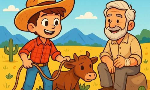 Un joven vaquero llamado Mateo está de pie en una colina, su rostro irradia determinación y amabilidad. Lleva un sombrero de paja, una camisa de cuadros rojos y pantalones de mezclilla, con botas de cuero desgastadas. Sus ojos brillan de emoción mientras sostiene una cuerda en una mano, listo para ayudar a un ternero atrapado. A su lado está Don Ramón, un hombre de unos 60 años, con cabello gris y barba bien cuidada. Lleva una camisa sencilla y pantalones de tela, y observa a Mateo con admiración, sentado en una piedra, con la mano vendada. El paisaje es una vasta pradera dorada, salpicada de cactus y flores silvestres coloridas, bajo un cielo azul brillante con algunas nubes blancas flotantes. Al fondo, se alzan majestuosas montañas, añadiendo grandeza a la escena. Mateo está liberando al ternero de los matorrales espinosos, mientras Don Ramón lo anima con una sonrisa cálida. La atmósfera está llena de camaradería y aventura, capturando el espíritu del vaquero y la importancia de la ayuda mutua.