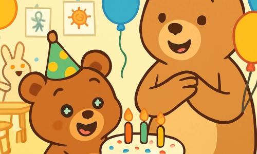 Un pequeño oso de peluche, Osito, con un suave pelaje marrón y ojos brillantes, sonríe alegremente mientras sostiene un gran pastel de cumpleaños decorado con velas de colores. Lleva un pequeño sombrero de fiesta en la cabeza y tiene estrellas en los ojos, mostrando su emoción. Junto a él, una mamá osa, grande y dulce, con pelaje marrón claro y una sonrisa cálida, mira a su hijo con orgullo, sosteniendo globos de colores. Ella está llena de amor y alegría, ligeramente apartada para admirar la escena. Al fondo, un aula decorada alegremente con guirnaldas de papel, globos flotantes y dibujos de niños en las paredes. Hay mesas de madera donde los amigos de Osito, pequeños animales como un conejo y una ardilla, bailan y ríen alegremente. La situación principal muestra a Osito soplando una vela de su pastel de cumpleaños, rodeado de sus amigos que cantan y aplauden, creando una atmósfera festiva y llena de felicidad.