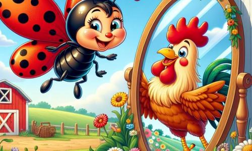 Una mariquita alegre llamada Lila, con alas rojas brillantes salpicadas de manchas negras, vuela con entusiasmo sobre un viejo espejo decorado con flores coloridas, sus ojos brillando de curiosidad. A su lado, un gallo llamado Rufi, con plumas doradas y una gran sonrisa, baila haciendo movimientos divertidos mientras se mira en el espejo. El escenario es una granja soleada, rodeada de campos verdes y flores silvestres, con un granero rojo al fondo. La escena muestra a Lila y Rufi descubriendo el espejo mágico que refleja imágenes graciosas de ellos mismos, provocando risas y alegría entre los animales de la granja.