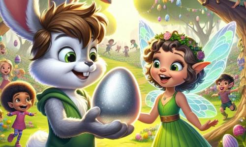 Hoppel, ein kleiner Hase mit großen Ohren und einem weichen, wollähnlichen Fell, steht im Mittelpunkt der Szene, seine Augen leuchten vor Aufregung und ein breites Lächeln ziert sein Gesicht. In seinen Pfoten hält er ein glänzendes, silbernes und geheimnisvolles Ei, das im Sonnenlicht funkelt. Neben ihm steht Elfi, ein kleiner Elf mit durchsichtigen, glitzernden Flügeln, der ein leuchtend grünes Kleid trägt. Sie hat einen strahlenden Blick und macht eine Geste in Richtung des Eis, als würde sie Hoppel etwas Wichtiges erklären. Der Hintergrund ist ein Frühlingspark, gefüllt mit bunten Blumen und großen Bäumen mit grünen Blättern. Im Hintergrund lachen und spielen Kinder, während Ostern dekoriert in der Luft schwebt und eine festliche, fröhliche Atmosphäre schafft. Die Hauptsituation zeigt Hoppel und Elfi, die das geheimnisvolle silberne Ei entdecken, umgeben von der Magie von Ostern, bereit, gemeinsam ein unglaubliches Abenteuer zu erleben.