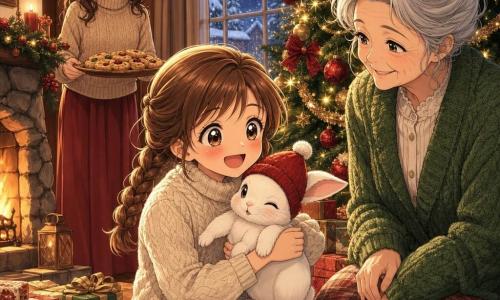 Una bambina di 8 anni, gioiosa ed estasiata, capelli castani in treccia, maglione crema e gonna a quadri, tiene un piccolo coniglio bianco con un cappellino rosso; il coniglio dal pelo setoso sbatte le palpebre e muove le orecchie. Una nonna di circa 70 anni, sorridente con capelli grigi raccolti e gilet verde, è seduta vicino all'albero e osserva con tenerezza; la madre di circa 35 anni, con capelli castani sciolti, tiene un vassoio di biscotti vicino alla porta. La scena è un salotto natalizio accogliente con albero decorato, luci calde, camino acceso, pacchi regalo su un tappeto di pelliccia finta e una finestra ghiacciata su una notte nevosa; atmosfera intima e luminosa, palette di rosso, verde, crema e oro, texture di lana e legno.