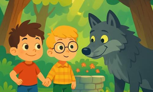 Ci sono 3 personaggi: - Luca: un ragazzo di 7 anni, con capelli castani disordinati e occhi scintillanti. Indossa una maglietta rossa e pantaloni corti blu. È a sinistra, sorridente e con un'aria coraggiosa. - Marco: un ragazzo di 6 anni, con capelli biondi e occhiali rotondi. Indossa una camicia a quadri e pantaloni verdi. È al centro, guardando il lupo con curiosità. - Il grande lupo cattivo: un lupo grigio con occhi gialli penetranti, con un pelo folto e un'espressione sia triste che amichevole. È a destra, leggermente inclinato in avanti, come se volesse avvicinarsi ai bambini. Il luogo è una bella foresta incantata, con alberi alti e tronchi robusti e foglie verdi brillanti. I raggi di sole filtrano tra i rami, creando motivi luminosi sul terreno coperto di muschio e fiori colorati. Al centro, un vecchio pozzo di pietra è circondato da cespugli fioriti. La situazione principale mostra Luca e Marco che, mano nella mano, affrontano il grande lupo cattivo. I bambini mostrano espressioni di curiosità e coraggio, mentre il lupo, con un leggero sorriso, sembra pronto a fare amicizia. L'atmosfera è calda e accogliente, piena di magia e avventura.