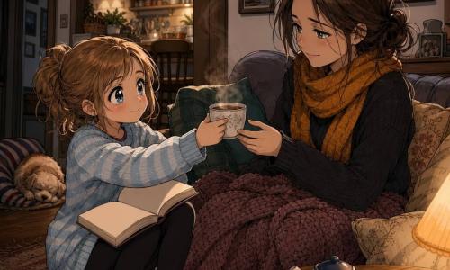 Niña de 10 años, cara redonda, ojos grandes y brillantes, expresión dulce y decidida; lleva suéter rayado azul claro y calcetines desparejados; sostiene una taza de té humeante y un libro abierto. Madre, mujer de unos 35 años, tez pálida y pañuelo mostaza en el cuello, ojos cansados pero agradecidos; sentada en el sofá recibe la taza y sonríe débilmente. Perrito dormido en el pasillo, pelaje beige bajo una pequeña manta a rayas, en el fondo para añadir calidez y compañía. Interior: sala-cocina acogedora, luz anaranjada de una lámpara, mesa de madera con tetera, manta de punto en el sofá y fotos familiares enmarcadas. Situación: escena íntima y serena en la que la niña conforta a su madre enferma con un gesto tierno; ambiente de colores cálidos y texturas detalladas.
