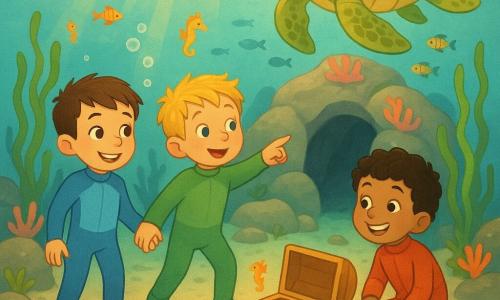 Ci sono quattro personaggi: Leo, ragazzo di 8 anni, capelli castani corti, occhi allegri, indossa una piccola muta azzurro chiaro, sta a sinistra e tiene la mano di Tommi guardando la tartaruga; Tommi, ragazzo di 7 anni, capelli biondi arruffati, lentiggini, muta verde, al centro indica una grotta rocciosa; Gigi, ragazzo di 6 anni, capelli neri ricci, sorriso largo, muta rossa, a destra è inginocchiato vicino a una scatola di conchiglie colorate; una tartaruga marina sorridente con grande carapace verde e giallo nuota leggermente sopra i bambini come guida. Scena: fondo marino chiaro e luminoso, acqua turchese con raggi di sole dorati, alghe ondeggianti, rocce lisce coperte di corallo, banchi di piccoli pesci multicolori; i tre bambini, affiancati davanti a una grotta, scoprono la scatola di conchiglie guidati dalla tartaruga, con espressioni di sorpresa e gioia, bolle che salgono e stelle marine in primo piano.