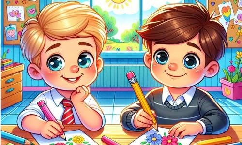 Two four-year-old boys, Max and Leo, are sitting at a colorful wooden table. Max, with brown hair and sparkling eyes, is holding a pink crayon and smiling as he writes a letter. Leo, with blonde hair and blue eyes, is next to him, holding a yellow crayon and drawing flowers on a card. The scene takes place in a bright classroom filled with colorful decorations, drawings on the walls, and sunlight streaming through the windows. Papers of all colors are scattered on the table, and crayons are arranged around them. The two friends are preparing a surprise for Mother's Day, writing love letters to their moms in a joyful and creative atmosphere.