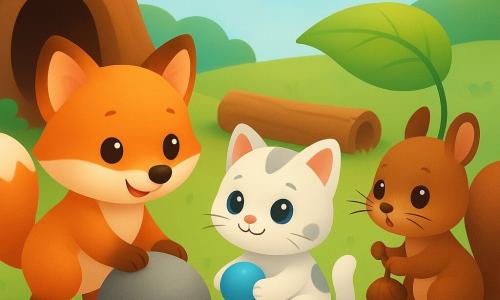 A small red fox with soft fur and bright round eyes, smiling and playful, nudges a large gray rock with its nose; a white kitten with gray spots and round blue eyes sits by a log, happily holding a small shiny blue ball; a brown squirrel with big ears and fine whiskers, surprised and grateful, lifts a green leaf to retrieve a brown acorn beside the fox; a short-grass clearing dotted with yellow flowers, a fallen tree trunk and a round earthen den with a dark entrance in the background under a soft blue sky; the scene shows the little adventurers helping each other at the den’s edge—fox pushing the rock, kitten playing with the ball, squirrel retrieving its acorn—warm, playful atmosphere.