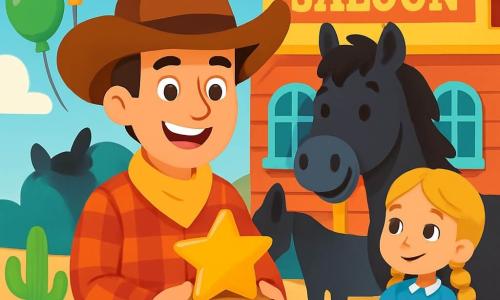 Un cowboy zâmbitor, Luca, un bărbat de aproximativ treize ani, poartă o pălărie mare de cowboy maro și o cămașă cu carouri roșii. Ochii săi strălucesc de bucurie și entuziasm în timp ce ține în mâini o cutie mică aurie. Lângă el, Dodi, un cal negru cu blană strălucitoare, stă mândru și vesel, având o expresie prietenoasă pe față. Puțin mai în spate, Maria, o fetiță de zece ani cu părul blond împletit, poartă o rochie albastră și îl privește pe Luca cu admirație, cu brațele încrucișate, plină de mândrie. Scena se desfășoară în fața unui saloon colorat, cu pereți din lemn roșu și feronerie la feronerie. Balonase colorate plutesc în aer, iar cactușii verzi decorează solul prăfuit. Cerul este albastru cu câteva nori albi pufoși. Luca tocmai a descoperit o stea aurie ascunsă sub o piatră și sărbătorește victoria sa cu prietenii, radiază de fericire și împlinire.