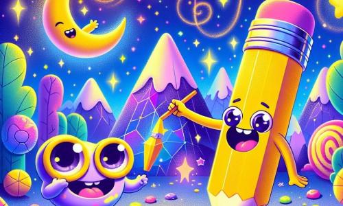 Luni, un pequeño lápiz amarillo con una sonrisa alegre y ojos brillantes, se encuentra en el centro de la imagen, dibujando un gran plano en una hoja flotante, rodeado de estrellas centelleantes. A su lado, Zigi, un extraterrestre redondo y colorido con ojos enormes y piel morada, observa con admiración el dibujo de Luni, con los brazos levantados en señal de emoción. Al fondo, se despliega un paisaje de cuento de Zogonia, con montañas en forma de caramelos, árboles con hojas multicolores y casas en forma de burbujas flotantes, bañadas en una luz suave y brillante. La escena principal muestra a Luni y Zigi colaborando alegremente para ayudar a sus amigos Zogitos perdidos, ilustrando el espíritu de aventura y amistad que los une.