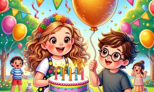 Uma menina de 8 anos, Clara, com longos cabelos cacheados e um grande sorriso, está no centro da imagem. Ela usa um vestido colorido de bolinhas e segura um balão dourado brilhante nas mãos, seu rosto radiante de excitação e curiosidade. Ao lado dela, seu melhor amigo, João, um garoto de 8 anos com cabelos castanhos bagunçados e óculos redondos, olha para o balão com um ar maravilhado, os braços cruzados sobre o peito. A cena acontece em uma festa animada em um parque, onde faixas coloridas flutuam ao vento e crianças brincam ao redor de uma grande mesa cheia de bolos e doces. Balões de todas as cores flutuam no céu azul, criando uma atmosfera alegre e festiva. Clara e João estão resolvendo um mistério, intrigados com o balão dourado que encontraram. Eles se inclinam um para o outro, sussurrando ideias sobre a origem do balão, cercados por risadas e música alegre que ressoam no ar.