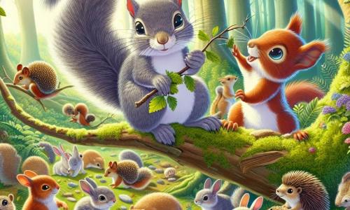 A young gray squirrel named Pip, with a bushy tail and bright, curious eyes, is sitting on a branch, attentively watching a group of animals below. His face expresses joyful curiosity as he holds a small piece of wood in his paws, ready to create. Next to him, Tansy, a small light brown squirrel with sparkling eyes, enthusiastically climbs the same branch. She smiles widely, her ears perked up, full of energy, ready to ask questions and explore. Below, a colorful group of animals, including soft-furred rabbits and shiny-spined hedgehogs, are busy around a large mosaic made of leaves and stones. Their faces show expressions of concentration and excitement. The setting is a nature recreation center, surrounded by majestic trees, with sunlight filtering through the foliage, illuminating the mossy ground and wildflowers. The main scene shows Pip and Tansy collaborating with their friends to create a beautiful mosaic using elements from nature, celebrating their differences and creativity.