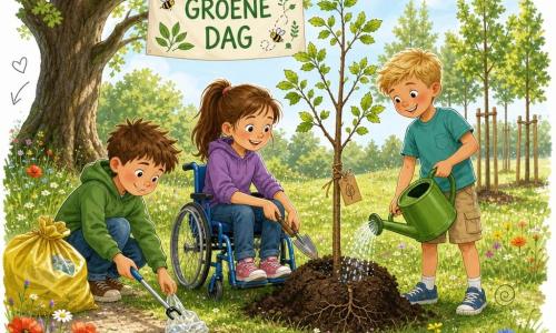 Drie kinderen: een meisje van circa 9 jaar met bruin paardenstaartje en lichte huid, zittend in een klein blauw rolstoeltje, glimlachend en een schepje vasthoudend terwijl ze links van het midden een jonge boom helpt planten; een jongen van circa 9 jaar met kort blond haar en gebruinde huid, staand rechts van haar, die een groene gieter vasthoudt en voorzichtig water geeft aan de kluit bij de boom; een jongen van circa 8 jaar met warrig kastanjebruin haar en lichte huid, gehurkt links, die met een grijper een plastic verpakking oppakt om in een gele vuilniszak naast zich te doen. Locatie: een zonnige open plek in een park met groen gras, kleurrijke wilde bloemen (madeliefjes, klaprozen), een grote oude eik links op de achtergrond, een rij jonge boompjes rechts, en een poster tussen twee takken met “GROENE DAG” en blad- en bijentekeningen; zacht zonlicht door bladeren, een paar witte wolken en een grindpad op de voorgrond. Hoofdactie: de drie kinderen werken samen om het park schoner te maken en een boom te planten — vrolijke, actieve scène met duidelijke gebaren (schep in aarde, waterstraal, oppakken van afval); zichtbare details: verse donkere aarde, wortels van het jonge boompje, fonkelende waterdruppels, stuifmeelkorrels en kleine witte doodles (bladeren, hartjes, pijlen) als overlay voor een speels jeugdig accent.
