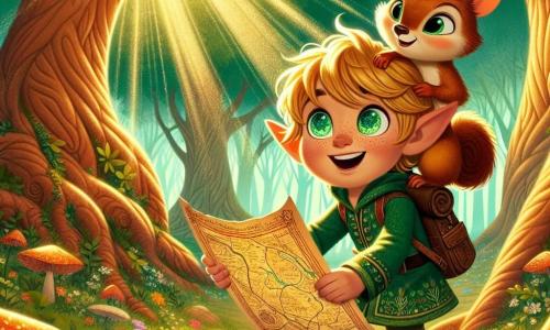 In the center of the image, a young elf named Finn, with sparkling emerald eyes and golden hair, stands with a big smile, holding an ancient map in his hands. He wears a green tunic adorned with floral patterns and leather boots, and his expression is full of excitement and curiosity. Beside him, Pip, a small squirrel with mischievous eyes and brown fur, climbs onto Finn's shoulder, looking at the map with enthusiasm. He has a little bushy tail raised, showing his impatience. The setting is an enchanted clearing surrounded by tall trees with gnarled trunks and shiny leaves, where rays of sunlight filter through the foliage, creating bright patterns on the ground covered with colorful flowers and sparkling mushrooms. The main scene shows Finn and Pip discovering a mysterious map leading them to a magical adventure, highlighting their quest to find hidden treasure in the enchanted forest.