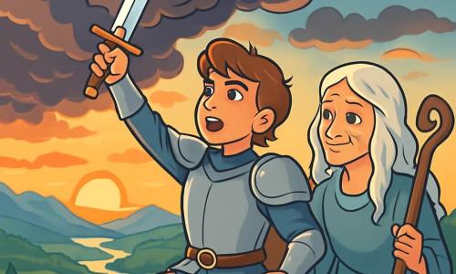A young man, Alaric, stands bravely at the top of a steep cliff, his shiny armor reflecting the light of the setting sun. His eyes, filled with determination and hope, scan the horizon as a gentle breeze tousles his brown hair. Beside him, an elderly woman, Lady Elara, with a gentle and wise face, silver hair, and a flowing dress, encourages him with a kind gaze, holding a staff adorned with ancient runes. The scene depicts Alaric ready to face an imminent danger, arms raised, holding his sparkling sword, while dark clouds gather above, signaling the approach of a mysterious threat.
