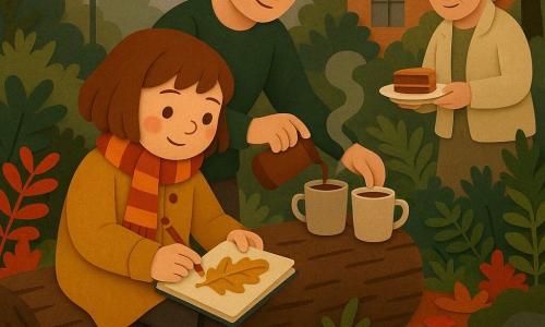 An 8-year-old girl, happy but focused, round face, chestnut bob, rosy cheeks, wearing a mustard coat, red-and-yellow striped scarf and muddy rubber boots, sits on an old log drawing a large golden oak leaf in a small notebook; a smiling, gentle mother (about 35), hair in a bun, wearing a dark green wool sweater, stands behind the log pouring hot chocolate from a flask into two cups; a grandmother (about 65), gray hair in a low bun and a cream knitted jacket, stands at the garden edge near the house holding a slice of cinnamon cake on a plate; setting: a wild autumn garden with red, orange and yellow leaves, small reflective puddles, mossy stones, ferns and textured tree trunks, soft gray mist and warm twilight light from a distant streetlamp; atmosphere: focus on the girl's sketch and the steaming hot chocolate, layered paper-cut textures, simple clean shapes, visible layers, soft paper-like shadows, rich autumn palette and a childlike warm style.