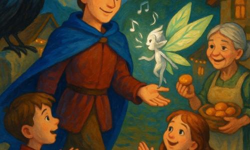 A young adult man named Aleron with a gentle face and short brown hair, wearing a flowing blue cloak, stands center smiling and reaching toward a small luminous, non-human bird-sized sprite with pale leaf-green translucent wings and a silvery glowing body that hovers above his hand singing shyly; a large glossy black crow perches on a broken stone to the left watching wisely; Martha, an elderly woman in a simple dress and apron with gray hair in a bun, stands to the right offering a honey cake from a basket; two colorful-clothed children around seven in the foreground clap with eyes wide; the twilight village square behind them has stone cottages with thatch roofs, string lights, and the ruined Greyspire tower on a mossy hill with a broken window showing moonlight; bright, contrasting palette of soft blues, leaf greens and gold highlights, visible acrylic brush textures and broad childlike strokes; gentle heroic-fantasy atmosphere with silver wavy lines suggesting music around the sprite.