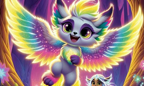 Zilo, a Glimmerwing with iridescent wings shimmering in all the colors of the rainbow, is in mid-flight, his face radiating excitement and determination. His fur is soft and fluffy, and he firmly holds a shining crystal in his small paws, lighting his path. Beside him, Eldara, a majestic creature with long hair sparkling like stars, stands with a proud smile. She has glowing skin and wears a dress made of luminescent leaves and flowers, raising a hand to guide Zilo through the enchanting landscape. Their adventure takes place in the Valley of Shadows, where gigantic trees with shimmering trunks rise toward a purple and golden sky. Shadows dance around them, creating a mysterious and magical atmosphere, while sparkling lights emanate from bioluminescent flowers. The main scene shows Zilo and Eldara facing a sparkling portal, ready to enter a fantastical world, filled with anticipation and wonder as bursts of light and shadows swirl around them.