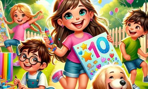 Una niña de 10 años, Valentina, con largos cabellos castaños y ojos brillantes de alegría, sonríe ampliamente mientras sostiene un gran cartel colorido decorado con una estrella dorada. Lleva una camiseta rosa brillante y un short de mezclilla, y está rodeada de sus amigos. A su derecha, Lucas, un niño de 10 años con gafas redondas y cabello despeinado, ríe mientras sostiene una gran caja de juegos. A su izquierda, Sofía, una niña de 9 años con trenzas rubias, pinta un bonito dibujo en un cartel, concentrada y feliz. Finalmente, Mateo, un niño de 10 años con una camiseta verde y un short, corre hacia ellos con su perro, un pequeño golden retriever, que mueve la cola con entusiasmo. La escena tiene lugar en un parque soleado, lleno de flores coloridas y grandes árboles verdes. Los globos flotan en el aire y los niños juegan alegremente a su alrededor. La situación principal muestra a Valentina y sus amigos organizando una fiesta en el parque, rodeados de risas y colores, listos para compartir momentos de felicidad y amistad.