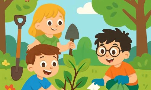 Ci sono 3 personaggi: - Luca: un ragazzo di 8 anni, con capelli castani e occhi vivaci. Indossa una maglietta blu e pantaloni corti beige. Sta piantando un piccolo albero, sorridendo con entusiasmo. - Mia: una ragazza di 7 anni, con capelli biondi e un bel vestito verde a fiori. Tiene una pala e guarda Luca con ammirazione, pronta ad aiutarlo. - Gigi: un ragazzo di 8 anni, con capelli neri arruffati e occhiali. È accovacciato, raccogliendo rifiuti con i guanti, con un grande sorriso sul viso. Il luogo è un parco verdeggiante, pieno di alberi maestosi e fiori colorati. Il cielo è blu con alcune nuvole bianche e soffici. Gli uccelli cantano tra i rami e il terreno è cosparso di foglie e piccoli fiori selvatici. La situazione principale mostra i tre amici che lavorano insieme per pulire il parco e piantare alberi, circondati da risate e gioia, illustrando il loro impegno per proteggere la natura.