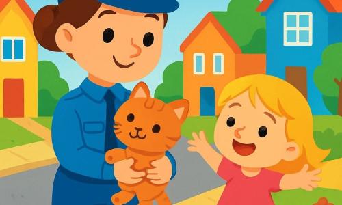 Una poliziotta sorridente, Anna, è in piedi in mezzo a una strada animata. Indossa una divisa blu brillante, un cappello da poliziotto e ha i capelli castani raccolti in un chignon. I suoi occhi brillano di gioia mentre tiene un piccolo gattino tra le braccia, guardandolo con tenerezza. Accanto a lei, una bambina di circa 6 anni, con capelli biondi e un vestito rosa, salta di gioia vedendo il suo gattino. Ha un grande sorriso e le braccia aperte, pronta ad accogliere il suo amico peloso. Sullo sfondo, una strada pittoresca con case colorate, alberi verdi e un cielo azzurro chiaro. Fiori colorati adornano il marciapiede, aggiungendo un tocco di allegria alla scena. La situazione principale mostra Anna che aiuta la bambina a ritrovare il suo gattino, creando un momento di felicità e amicizia in un ambiente caldo e accogliente.