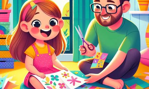 Uma menina de 4 anos, com longos cabelos castanhos e olhos brilhantes de alegria, está sentada em um tapete colorido feito de papel, cercada por pedaços de papel recortados. Ela sorri amplamente, com as bochechas rosadas revelando sua empolgação. Ao lado dela, sua mãe, uma mulher sorridente de cerca de 30 anos, com cabelos castanhos e usando uma camiseta colorida, a ajuda a criar um bonito tapete de papel, segurando uma tesoura. O pai, um homem de cerca de 35 anos, com uma leve barba e óculos, está sentado em uma almofada, lendo um grande livro ilustrado, com um olhar divertido no rosto. A cena acontece em uma sala ensolarada, com paredes pintadas de amarelo pastel e janelas abertas deixando entrar a luz do sol. Brinquedos coloridos estão espalhados pelo chão, e livros com capas vibrantes estão organizados em uma estante. A situação principal mostra a menina e sua mãe criando juntas um tapete de papel, cercadas por cores vivas e risos, simbolizando a alegria das férias de verão e o compartilhamento de atividades criativas em família.