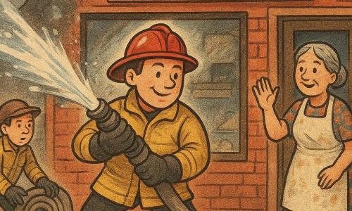 A smiling, focused firefighter man in a shiny red helmet, slightly dusty yellow reflective jacket and black boots firmly holds a thick fire hose spraying a silver jet of water; his expression is brave and gentle, posture active and leaning forward. Mrs. Daisy, about 50, stands by her bakery window to his right in a floral dress and flour-stained white apron, gray hair in a bun, waving and relieved. A young firefighter, about 25, helps unroll the hose from behind, cap under his helmet, determined, feet apart for stability. Background: small red-brick bakery with a fogged display window, a handwritten 