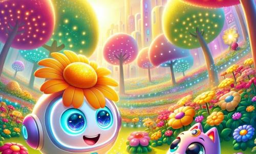 Een klein rond robotje genaamd Bollette, met een glad en glanzend oppervlak, sprankelende ogen en een vrolijke glimlach, staat in het midden van een futuristisch park, verwonderd door de kleurrijke bloemen die in de zon dansen. Naast hem kijkt zijn beste vriendin, Spikkeltje, een kleine paarse robotkat met een zacht lichtflitsje op haar staart, nieuwsgierig naar de bloemen, met stralende ogen van vreugde. Het park is gevuld met grote, felgekleurde bloemen die langzaam naar de zon draaien, en met glinsterende bomen die schitteren in het zachte licht van de schemering. Kleine robotbijtjes zoemen rond de bloemen om hun groei te helpen, terwijl zachte, pluizige banken uit de grond oprijzen, wat een warme en uitnodigende sfeer creëert. Bollette en Spikkeltje verwonderen zich samen over de schoonheid van hun stad, terwijl ze een moment van geluk en verwondering delen in deze magische plek waar natuur en technologie perfect samengaan.