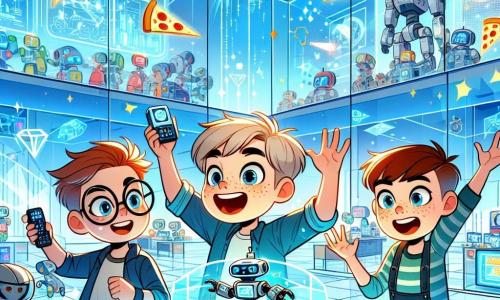 In een groot futuristisch gebouw met glinsterende glazen muren staan drie jongens van negen jaar samen. Max, een jongen met messy bruin haar en sprankelende ogen, glimlacht enthousiast terwijl hij een afstandsbediening in zijn hand houdt. Rechts van hem kijkt Sam, met ronde bril en stekelig blond haar, aandachtig naar een holografisch scherm dat beelden van robots toont. Links staat Joris, een jongen met kastanjebruin haar en sproeten, met zijn armen in de lucht, juichend van blijdschap nadat hij een robotwedstrijd heeft gewonnen. De plek is gevuld met felle kleuren, zwevende hologrammen en interactieve schermen die de ruimte verlichten. Robots met grappige vormen bewegen om hen heen en brengen onderdelen en gereedschap. De muren zijn versierd met futuristische tekeningen van drijvende steden en technologische landschappen. De hoofdsetting toont de jongens die hun overwinning vieren na het programmeren van hun robot, Pizzabot, die net een heerlijke pizza heeft bereid. De sfeer is vrolijk en dynamisch, vol opwinding en kameraadschap, terwijl ze hun succes delen met hun vrienden en andere kinderen van het kamp.
