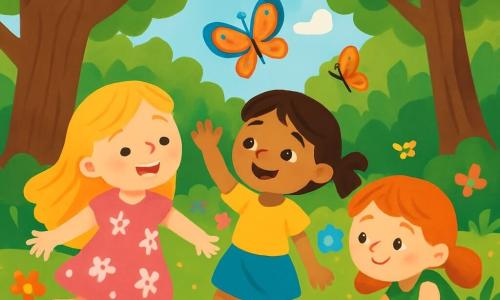 Er zijn 3 personages: - Anna: een 5-jarig meisje met lang blond haar en sprankelende ogen. Ze draagt een roze jurk met witte bloemen en danst vrolijk bij een boom. - Lotte: een 4-jarig meisje met bruin haar in twee staarten en een stralende glimlach. Ze draagt een gele t-shirt en een blauwe rok, en ze begroet een mooie gekleurde vlinder die om haar heen vliegt. - Sofie: een 5-jarig meisje met rood haar en sproeten op haar gezicht. Ze draagt een groene jurk en zit bij een klein beekje, luisterend naar het zachte geklater van het water. De locatie is een groot en magisch bos, vol met majestueuze bomen met dikke stammen en heldergroene bladeren. Overal groeien kleurrijke bloemen, en een klein beekje glinstert onder de zon, waardoor gouden reflecties ontstaan. Vlinders dansen in de lucht, wat een vleugje magie aan deze betoverende scène toevoegt. De belangrijkste situatie toont de drie kleine meisjes die samen dansen in het zachte gras, hand in hand, terwijl ze lachen en zich verwonderen over de schoonheid van de natuur om hen heen.