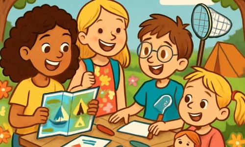 Er zijn 4 personages: - Lisa: een 10-jarig meisje met mooie krullende haren en sprankelende bruine ogen. Ze draagt een gele t-shirt en een spijkerbroekshort, en ze houdt een kaart van hun zomerplan vast. - Noor: een 10-jarig meisje met steil blond haar en een grote glimlach. Ze is gekleed in een kleurrijke bloemenjurk en houdt een kleine rugzak vol benodigdheden voor hun avontuur vast. - Milo: een 7-jarig jongetje, de kleine broer van Lisa, met rommelig kastanjebruin haar en een bril. Hij draagt een blauwe t-shirt en een groene short, en hij speelt met een klein vlindernet. - Fleur: een 5-jarig meisje, de zus van Noor, met blonde vlechten en sprankelende ogen. Ze draagt een roze jurk en houdt een pop in haar armen. De personages bevinden zich in een zonnige tuin, omringd door kleurrijke bloemen en groene bomen. Op de achtergrond staat een opgezet tent voor hun zomeravontuur. De hoofdactie toont de kinderen die hun zomer plannen, zittend rond een tuintafel, met kleurpotloden en papier verspreid. Ze lachen en wisselen ideeën uit, vol opwinding voor de komende activiteiten.