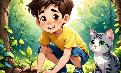 Un niño de 10 años, con el cabello castaño desordenado y ojos llenos de curiosidad, está agachado en un jardín verde. Su rostro muestra una intensa alegría y una palpable emoción al descubrir un pequeño brote verde que emerge de la tierra. Lleva una camiseta amarilla brillante y un pantalón corto de mezclilla, con zapatillas desgastadas por sus numerosas aventuras. A su lado, su gata Miga, una pequeña bola de pelo gris con ojos verdes brillantes, lo observa atentamente, sentada sobre sus patas traseras, como si estuviera lista para animarlo en su descubrimiento. El jardín es un lugar mágico, lleno de flores coloridas, arbustos densos y un viejo rosal con rosas brillantes. En el fondo, una vieja puerta verde, entreabierta, insinúa un misterio oculto. La escena principal muestra al niño maravillado, sosteniendo una pequeña semilla en su mano, listo para plantarla en una maceta de tierra, mientras los rayos de sol filtran a través de las hojas, iluminando la escena con una luz dorada.