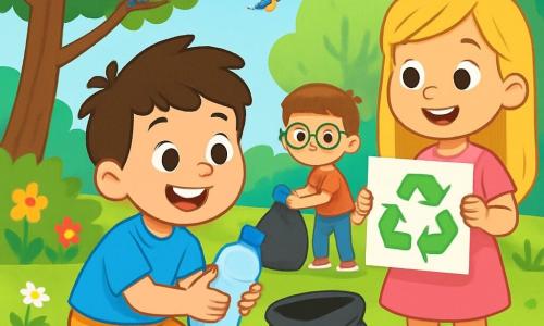 Un băiat de 6 ani, Andrei, cu părul brun zbârlit și un zâmbet mare și vesel, stă în genunchi într-un parc verde, ținând o sticlă de plastic în mâinile sale mici. Poartă un tricou albastru aprins și o pereche de pantaloni scurți galbeni, cu ochii strălucind de entuziasm. Lângă el, Maria, o fetiță de 6 ani cu părul lung și blond, într-o rochie roz, zâmbește ținând o foaie de hârtie reciclată. Răzvan, un băiat de 6 ani cu ochelari și părul castaniu, stă puțin mai departe, adunând gunoaie cu o expresie determinată pe față. Parcul este plin de flori colorate, copaci verzi și un cer albastru strălucitor, în timp ce păsările cântă în crengi. Pe jos, gunoaiele împrăștiate contrastează cu frumusețea naturii înconjurătoare. Situația principală îi arată pe Andrei și prietenii săi în acțiune, străduindu-se să curețe parcul, cu saci de gunoi la picioare, ilustrând angajamentul lor de a proteja mediul.