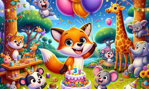 Ein leuchtend orangefarbener Fuchs namens Felix mit einem fröhlichen Lächeln und funkelnden Augen steht im Mittelpunkt der Szene und hält bunte Ballons in seinen Pfoten. Neben ihm schaut eine kleine graue Maus namens Max mit großen Ohren und einem schelmischen Gesichtsausdruck begeistert zu Felix, während sie eine kleine Gitarre hält. Im Hintergrund stehen eine schöne Giraffe mit goldenen Flecken und ein Elefant mit großen Ohren, beide erstaunt, neben einem großen Tisch voller Kuchen und Süßigkeiten. Der Ort ist ein lebhafter Zoo mit grünen Bäumen, bunten Blumen und funkelnden Lichtern, die die festliche Szene erhellen. Die Hauptsituation zeigt Felix und seine Freunde, die eine fröhliche Überraschung feiern, umgeben von Lachen und schwebenden Ballons, während ein großer, tollpatschiger Hund ausrutscht und in den Kuchen fällt, was ein allgemeines Lachen auslöst.
