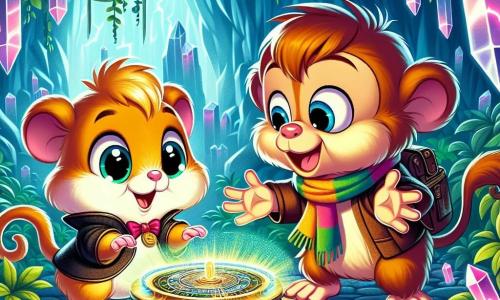 Hopsi, ein kleiner Hamster mit goldenem Fell und großen, leuchtenden Augen, steht vor einer geheimnisvollen Zeitmaschine. Er zeigt ein Ausdruck von Staunen und Neugier, seine kleinen Pfoten erhoben, als ob er bereit wäre, den leuchtenden Knopf zu drücken. Neben ihm lächelt ein freundlicher Affe namens Ali mit braunem Fell und einem bunten Schal fröhlich, die Arme offen in einem einladenden Gestus, bereit, ihm bei seinem Abenteuer zu helfen. Im Hintergrund spielt die Szene in einer magischen Höhle, erleuchtet von funkelnden Kristallen und umgeben von grünen Lianen, die eine geheimnisvolle und verzauberte Atmosphäre schaffen. Hopsi ist bereit, die Maschine zu aktivieren und in eine Zeitreise einzutauchen, während ein strahlender Lichtschein beginnt, den kleinen Hamster zu umhüllen.