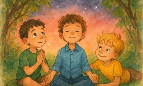 Ci sono tre bambini di 8 anni: Leo, capelli corti castani e lentiggini, maglietta verde, seduto a sinistra su un cuscino di schiuma con gli occhi stupiti e le mani giunte; Marco, capelli castano ricci, camicia blu, seduto al centro a gambe incrociate e sguardo sereno verso il cielo rosato; Giacomo, capelli biondi, maglietta gialla, sdraiato sull'erba a destra con un sorriso malizioso e una mano sulla spalla di Marco. Sono riuniti sotto una cupola naturale di rami e foglie intrecciate su un prato fiorito al crepuscolo rosa‑arancione, compiono un piccolo rituale di calma e promessa con posizioni di yoga semplici, mani giunte e sorrisi tranquilli; atmosfera serena e calda, texture ad acquerello morbide con leggere schizzi ai bordi.