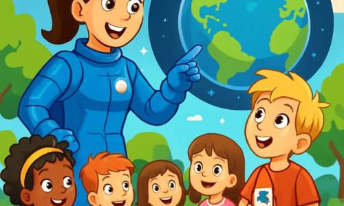 Uśmiechnięta astronautka w eleganckim, błyszczącym niebieskim skafandrze stoi na środku obrazu, z błyszczącymi oczami pełnymi ekscytacji. Jej brązowe włosy są związane w kucyk, a ona wskazuje na piękny widok Ziemi, która świeci w tle jak niebiesko-zielona kula. Obok niej stoi ośmioletni chłopiec z rozczochranymi blond włosami, który z zachwytem patrzy, z szeroko otwartymi oczami. Ma na sobie czerwoną koszulkę i niebieskie szorty, trzyma mały model rakiety w rękach. Za nimi gromadzi się grupa dzieci w różnym wieku, wszystkie około ośmioletnie, niektóre siedzą na trawie, inne stoją, zafascynowane opowieściami astronautki. Noszą kolorowe ubrania i mają wyrazy ciekawości oraz podziwu na twarzach. Tło to słoneczny plac zabaw z bujnymi zielonymi drzewami i jasnoniebieskim niebem, na którym widać kilka puszystych białych chmur. Główna sytuacja przedstawia astronautkę Annę, która opowiada o swoich przygodach w kosmosie, podczas gdy dzieci słuchają jej uważnie, zafascynowane opowieściami o planetach, gwiazdach i niesamowitym pięknie wszechświata.