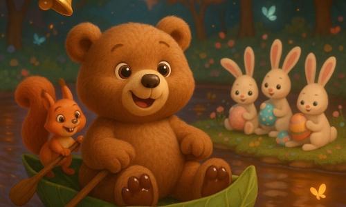 Un gran oso de peluche marrón realista y suave llamado Tito, rostro redondo y ojos brillantes, mira maravillado y sonriente sentado en un pequeño bote hecho de grandes hojas verdes con las patas cubiertas de chocolate; una pequeña ardilla rizada y vivaz llamada Lila, de ojos pícaros y sonrisa alegre, se mantiene en pie en la popa remando con una rama; tres liebres blancas de largas orejas, pintadas con huellas en tonos pastel, están en una isla cercana decorando huevos de Pascua; sobre el bote flota una campana dorada y brillante que deja un rastro de pequeñas chispas doradas; el escenario es un claro encantado al crepúsculo con un arroyo espeso de chocolate líquido que refleja guirnaldas de flores, árboles de hojas coloridas y mariposas luminosas; paleta cálida y pastel (marrones chocolate, verdes esmeralda, rosas y azules pálidos) con reflejos dorados en la campana; estilo 3D suave y redondeado, texturas táctiles (pelaje, hoja, chocolate brillante), iluminación suave y féerica, atmósfera alegre y soñadora.