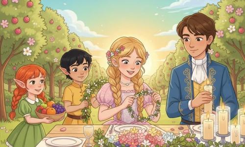 Princesa Lumina (hija) al centro, rostro luminoso y sonriente, cabello rubio trenzado con pequeñas flores rosas, vestido pastel con volantes, trenza una gran corona de flores sobre la mesa; a la derecha el príncipe Mateo (hijo, ~16 años), expresión confiada y amable, cabello castaño corto, chaqueta azul bordada en oro, enciende velas altas de vidrio; a la izquierda una pequeña elfa (niña, ~8 años) con coletas pelirrojas y vestido verde trae un cuenco de frutas y se sube a un banco; detrás de la princesa un pequeño elfo (niño, ~9 años) de cabello negro y túnica amarilla coloca una guirnalda de hojas en el centro de la mesa; escenario: gran mesa de madera clara en un jardín de huertos en flor con pétalos rosados y blancos, cielo azul y sol dorado al horizonte, ambiente alegre preparando la Gran Fiesta del Sol con luz cálida, manteles bordados, cerámica, guirnaldas y velas encendidas que muestran colaboración y asombro.
