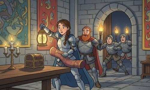 A young female knight with a determined, slightly trembling face and brown braided hair wears a tilted silver helmet, a flowing blue cape and shiny light armor; she holds a tall golden lantern and a rolled tapestry with which she pins down a frightened teenage male thief in a black hood, bent as if emerging from a secret passage at the foot of a mural, in a large cold stone treasure room with colorful tapestries, worn gray flagstones, a heavy wooden table with a small carved locked chest and smoking candles—an elderly red-bearded knight, Sir Bram, stands behind her in worn armor and a red cape, surprised but admiring and brandishing a torch, while two young guards rush in through the doorway with lit torches, casting warm light and deep shadows; the scene is a gentle dramatic capture showing the girl’s courage and compassion, bright colors, simple textures, clear outlines and expressive soft features suitable for a 6-year-old audience.