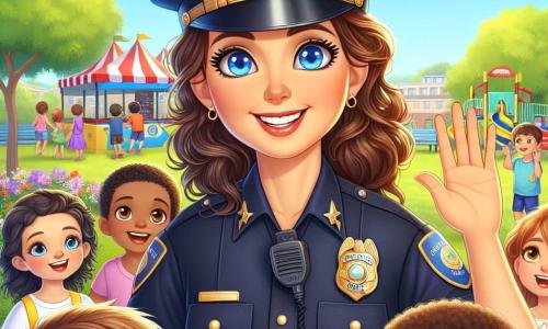 In the center of the image, we see Officer Mia Thompson, a woman in her thirties with curly brown hair and bright blue eyes sparkling with enthusiasm. She is wearing her well-fitted police uniform, displaying a shiny badge on her chest. Mia smiles warmly, showing her determination and kindness, while holding a small group of children around her. Among the children is Ethan, a 10-year-old boy with glasses and brown hair, raising his hand excitedly, ready to ask a question. Next to him is a 9-year-old girl in a yellow dress, looking at Mia with admiration, her eyes shining with curiosity. The scene takes place in Maplewood Park, a sunny and welcoming place with lush trees, colorful flowers, and children playing in the background. Game booths and safety activities are set up, creating a joyful and festive atmosphere. Mia explains the importance of safety to the children, surrounded by laughter and excitement, as they participate in a community event. The children listen attentively, captivated by her words, illustrating the strong bond between the police and the community.