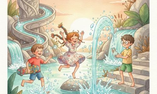 Drei Kinder auf einer leuchtenden Sumpfinsel, die zu einem magischen Wasserpark geworden ist: links ein etwa 10-jähriger Junge mit kurzen braunen Haaren, rotem T‑Shirt und blauer Shorts, lacht und rennt mit Skateboard unterm Arm auf eine große Wasserrutsche zu; in der Mitte ein etwa 9-jähriges Mädchen mit langen lockigen Haaren zu bunter Zopf geflochten, leichter geblümter Sommerkleid, springt von einem nassen Felsen in ein kleines Becken und spritzt vor Freude; rechts ein etwa 10-jähriger Junge mit runden Brillengläsern, gelb gestreifter T‑Shirt und grüner Bermuda auf einer Steinstufe, hält staunend eine soeben geöffnete kleine glänzende Flasche, deren Wasserstrahl magisch funkelt. Die Szenerie zeigt glatte Felsen, transparente Wasserfälle, in Stein geschnitzte Spiraltoboggans, türkisfarbene Becken mit regenbogenfarbenen Fischen, glänzende große Blätter trockener Vegetation und einen sanften Sonnenuntergang mit orangenen Reflexen auf dem Wasser; lebhafte cyanblaue Spritzer, irisierende Blasen und kleine Wellen heben Haare und Kleidung und vermitteln Freude, Bewegung und Entdeckung.