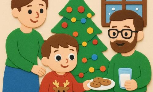 Een 4-jarige jongen, Milo, met grote verwonderde ogen en een zachte glimlach, draagt een rode trui met een rendiermotief en dikke gestreepte sokken. Hij staat bij een fonkelende kerstboom. Een vrouw van ongeveer 30 jaar, met bruin haar in een knot, glimlacht teder terwijl ze een hand op Milo's schouder legt. Ze draagt een groene trui en staat naast de jongen. Een man van ongeveer 30 jaar, met een korte baard en een bril, houdt een bord koekjes en een glas melk vast, staand aan de andere kant van Milo. De kamer is warm, met crèmekleurige muren en een raam dat zacht vallende sneeuwvlokken buiten toont. De hoofdscène toont Milo die een wens doet voor de gouden ster bovenop de boom, omringd door kleurrijke lichtjes en feestelijke decoraties.