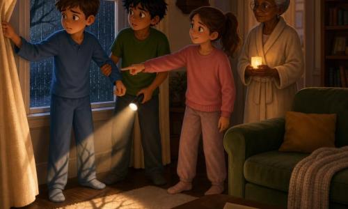Quatro personagens: Tomás (12 anos) cabelo castanho curto, olhos grandes e inquietos, pijama azul, à esquerda junto à janela puxando a cortina com uma mão e segurando a manga de Miguel com a outra; Inês (12 anos) cabelo castanho claro em rabo de cavalo, sorriso tranquilizador, suéter rosa, no centro apontando para um galho que bate no vidro; Miguel (quase 12) cabelo preto bagunçado, camiseta verde, atrás à direita com uma lanterna brilhante na mão direita iluminando o galho; avó (c.70) cabelo grisalho em coque, óculos redondos, robe creme, junto à porta segurando uma vela elétrica e observando calmamente. Local: sala antiga e acolhedora à noite com chão de madeira escura, tapete claro, sofá verde, grande janela com cortinas de linho molhadas pela chuva e relógio de parede a marcar o tic-tac; mesa com uma folha intitulada "mapa dos sons" e biscoitos. Situação: noite chuvosa, galho bate suavemente na janela, cortina levantada, gotas correndo no vidro, reflexo quente da lâmpada, expressões de surpresa e conforto, luz da lanterna projetando a sombra nítida do galho no tapete.