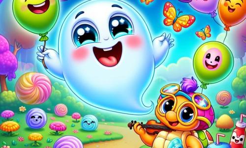 Um pequeno fantasma chamado Gaspar flutua alegremente no ar, com um corpo redondo e translúcido de cor azul claro, olhos brilhantes de malícia e um grande sorriso no rosto. Ele faz aparecer balões coloridos em forma de rostos engraçados ao seu redor, enquanto se prepara para ir ao Festival da Risada. Ao seu lado, o Sr. Tartaruga Turbo, uma tartaruga de sorriso amigável, é representada com uma carapaça colorida e óculos divertidos. Ela avança lentamente, mas com determinação, tocando uma melodia alegre em um pequeno violino. A cena se passa no Vale das Gargalhadas, um lugar encantador cheio de nuvens de algodão doce, flores brilhantes e rios cintilantes de suco de frutas. Borboletas coloridas voam ao redor, acrescentando um toque de magia ao ambiente. Gaspar e seus amigos estão resolvendo um enigma para abrir um grande baú dourado, que é o tesouro do festival. Eles devem contar suas melhores piadas para fazer o baú rir e assim descobrir o Nariz de Palhaço perdido, que trará ainda mais alegria ao festival.