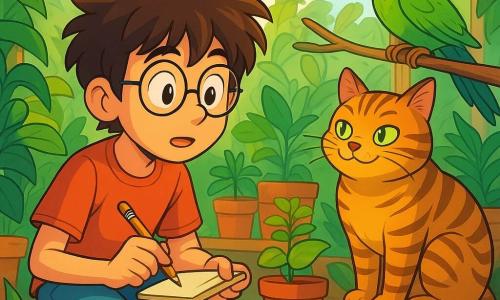 Lico, um garoto curioso com cabelos desgrenhados e óculos redondos, está agachado perto de uma prateleira de plantas, seu rosto iluminado pela excitação e concentração. Ele segura um lápis e um caderno, observando atentamente um rótulo de planta, seus olhos brilhando de determinação. Ao lado dele, Gordo, um gato tigre gordo com olhos verdes brilhantes, está sentado em uma prateleira, com uma expressão travessa, olhando para Lico com um sorriso de lado. Mais longe, Verde, um papagaio com penas verdejantes, está empoleirado em um galho, seu olhar curioso fixo no garoto, pronto para voar. A cena ocorre em uma estufa iluminada, cheia de vasos de flores coloridas, folhas verdes luxuriantes e raios de sol filtrando através das janelas, criando sombras dançantes no chão de terra batida. Lico está resolvendo um mistério: ele procura uma planta rara desaparecida, cercado pelo movimento das folhas e os murmúrios da água corrente, enquanto o vento faz vibrar um pequeno sininho preso a um rótulo.