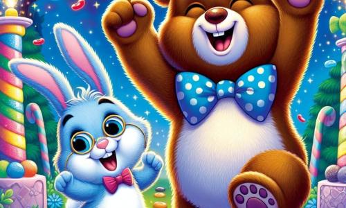 Ozzie, a fluffy brown bear with a bright smile, wears a colorful polka-dotted bow tie and joyfully dances at a party, arms raised in victory. Next to him, Nameship, a blue rabbit with large round glasses, jumps enthusiastically, his ears floating in the air, a radiant smile on his face. The scene takes place in the enchanted forest of Fluffwood, where candy trunk trees and colorful flowers bloom under a starry sky, while a jellybean fountain sparkles at the center of the party. Ozzie and Nameship celebrate the success of their quest by tossing jellybeans into the air, creating a shower of vibrant colors that lights up the night.