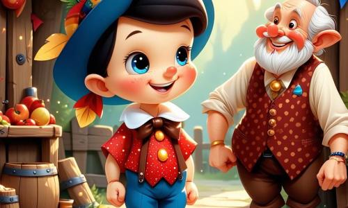 Pinocho, un niño de madera con ojos redondos y brillantes como estrellas, se encuentra en el centro de la escena, mostrando una amplia sonrisa de emoción y determinación. Su piel de madera es lisa y brillante, y lleva una camisa roja con puntos blancos y un pantalón azul, con un sombrero puntiagudo adornado con una pluma colorida. A su lado, Geppetto, un hombre de unos 70 años con una larga barba blanca y gafas redondas, mira a su hijo con orgullo. Lleva un delantal de trabajo de cuero y sostiene una herramienta de carpintería en su mano, listo para ayudar a su hijo en su misión. Al fondo, un grupo de animales, incluyendo un pequeño conejo de orejas largas y una ardiente ardilla, observa la escena con ojos llenos de esperanza, listos para apoyar a Pinocho y Geppetto. El lugar es una hermosa clara del bosque, bañada de luz dorada, rodeada de árboles majestuosos con hojas verdes brillantes y flores coloridas que bailan al viento. Las luciérnagas brillan en el aire, añadiendo un toque mágico a la atmósfera. La situación principal muestra a Pinocho y Geppetto, decididos a reunir a los habitantes de Ecovilla para proteger su amado bosque, mientras los animales los animan con todo su corazón, creando una escena llena de camaradería y esperanza.