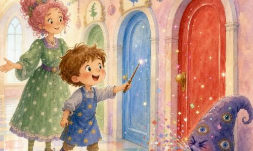 Un ragazzo apprendista stregone di nome Pippo, viso rotondo con lentiggini, occhi brillanti e sorriso meravigliato, indossa un piccolo grembiule blu a stelle, tiene una bacchetta di legno che ticchetta e guarda tre porte colorate; alle sue spalle la maestra Strega Nocciolina, circa 35 anni, capelli ricci rosa e vestito verde a pois, sorride con le braccia aperte per incoraggiarlo; accanto alle porte un enorme cappello che starnutisce e sputa coriandoli con espressione comica; il corridoio lungo ha pavimento di piastrelle lucide e pareti pastello con ghirlande di caramelle e insegne danzanti: Laboratorio delle Bolle, Biblioteca dei Libri che Ridono, Giardino delle Scope; scena principale: Pippo, emozionato e curioso, tende la mano verso la porta rossa brillante, la bacchetta scintilla e piccole scintille pastello fluttuano nell'aria.