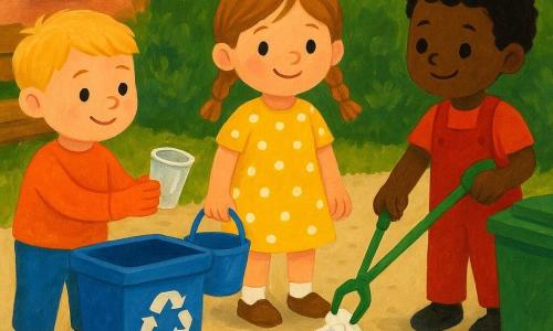 Three 3-year-old children in a small apartment garden: Mia, a light-brown-haired girl in two small braids wearing a yellow polka-dot dress, holds a small blue bucket and stands in the center of the paved path; Leo, a curly black-haired boy in a red overall, stands to Mia’s right by a bush holding a small green litter picker; Sam, a short blond-haired boy with visible orange gloves, stands to Mia’s left near a wooden bench, holding a clear plastic cup toward a blue recycling bin. The garden has a light paved path, green bushes, purple pansies and white daisies, a wooden bench, a red mailbox on a brick wall, and two bins (blue for recycling, green for waste). Morning light casts long soft shadows and the scene shows the children happily and attentively picking up paper, a can and a cup and placing them in the correct bins, with warm colors and visible gouache textures (thick strokes, paint touches).